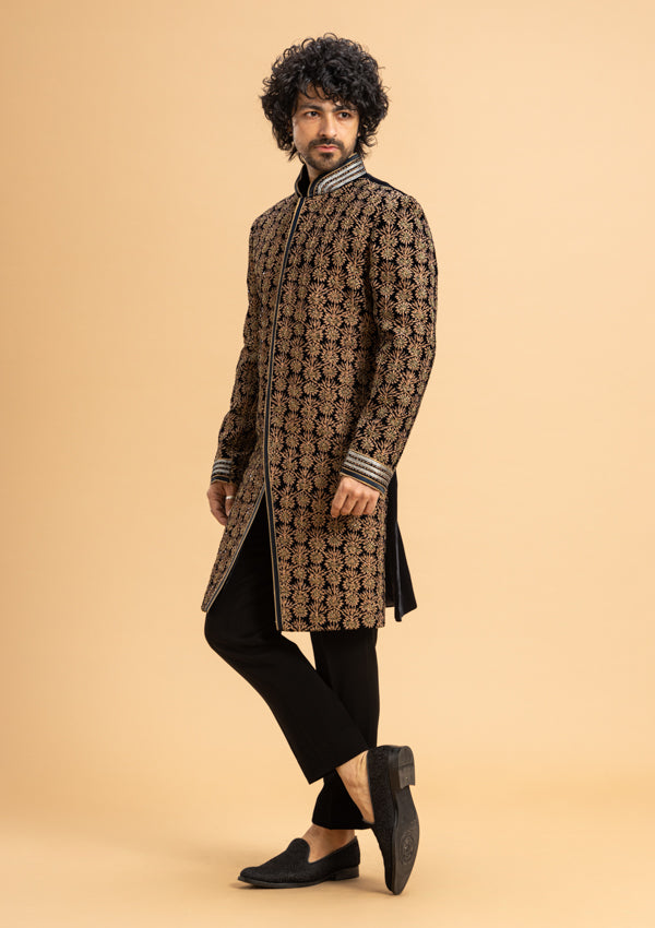 Black Velvet sherwani with Swarovski and Resham work