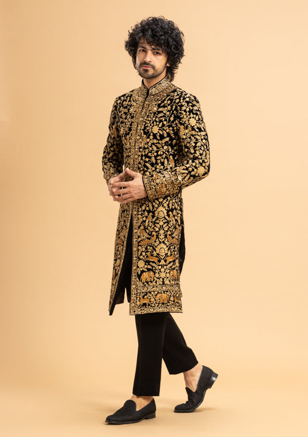 Black Velvet Sherwani with Dori work