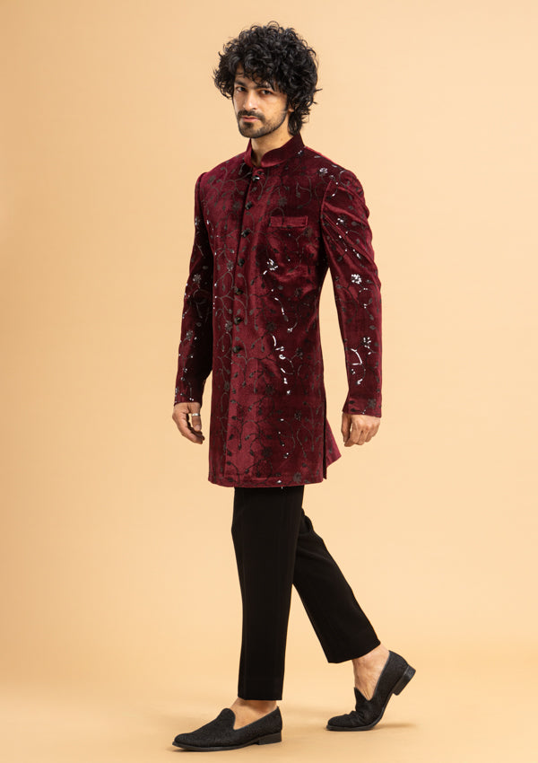 Wine Velvet Indowestern Sherwani with embroidery work