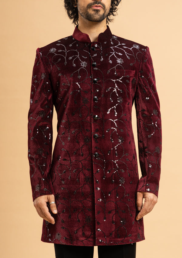 Wine Velvet Indowestern Sherwani with embroidery work