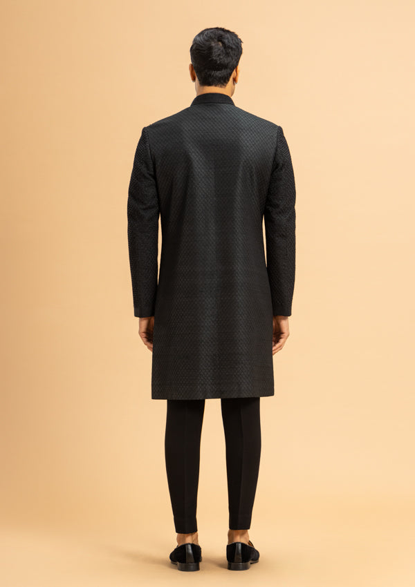 Black Raw Silk Sherwani with Thread and Pearl work