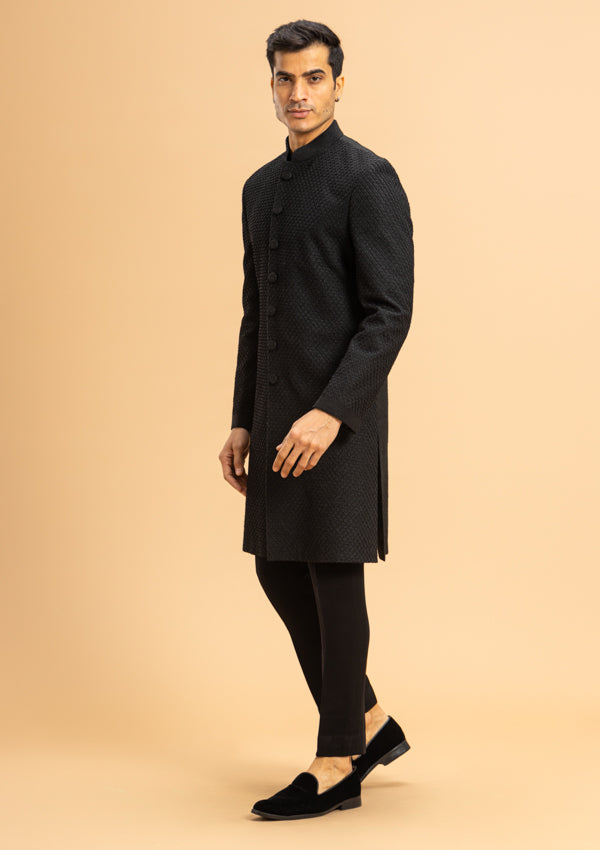 Black Raw Silk Sherwani with Thread and Pearl work