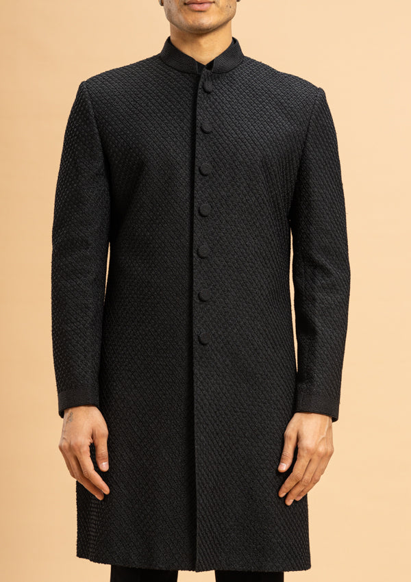 Black Raw Silk Sherwani with Thread and Pearl work