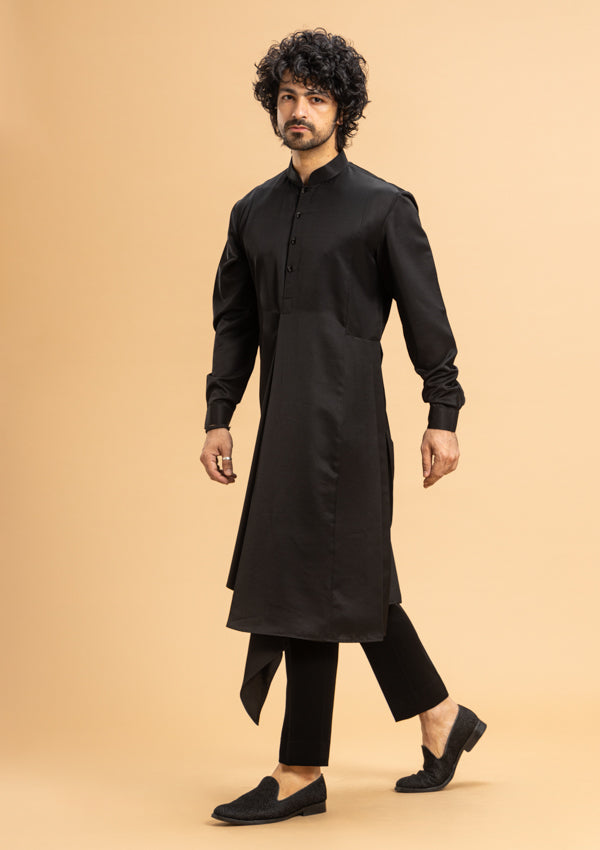 Black Satin Kurta With Print fabric Tikki Embroidered Koti