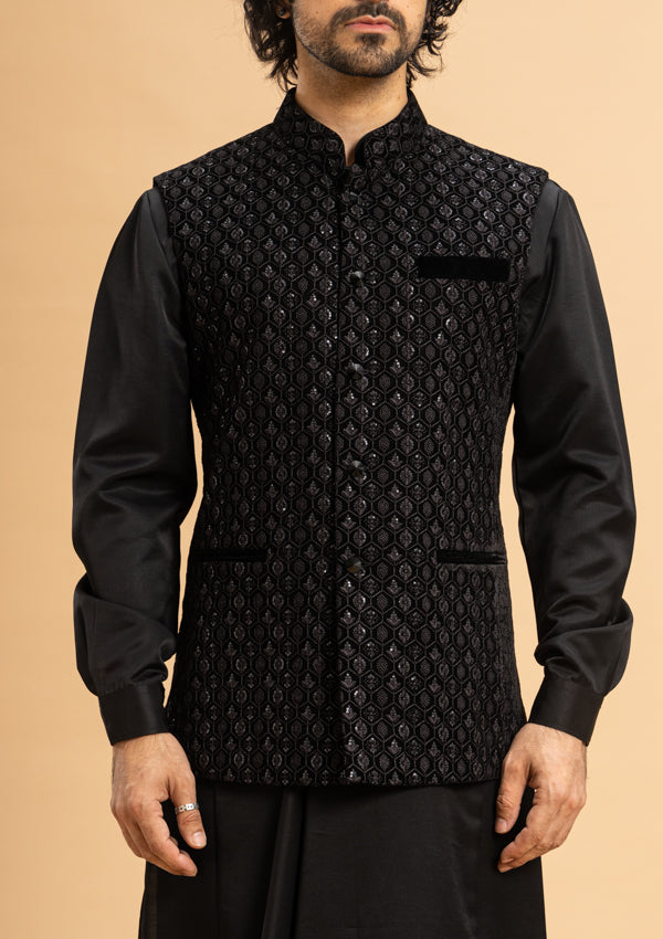 Black Satin Kurta With Print fabric Tikki Embroidered Koti