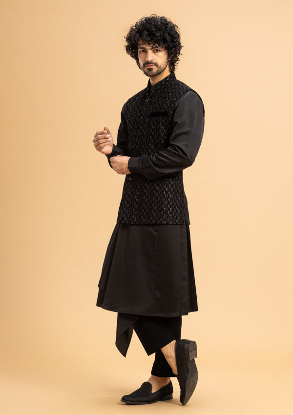 Black Satin Kurta With Print fabric Tikki Embroidered Koti