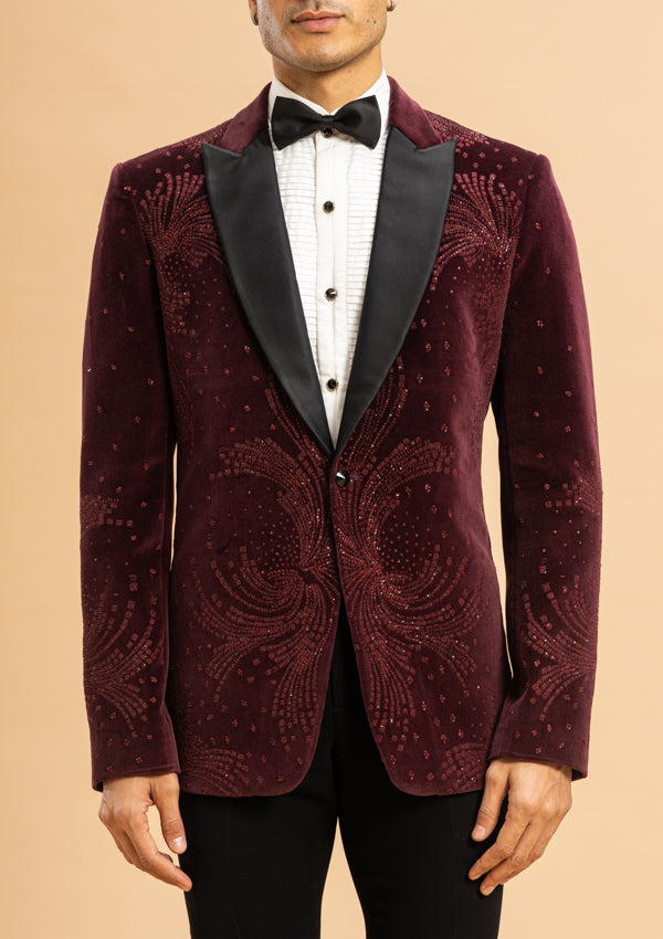 Wine Suede Suit With Swarovski And Pearl Work