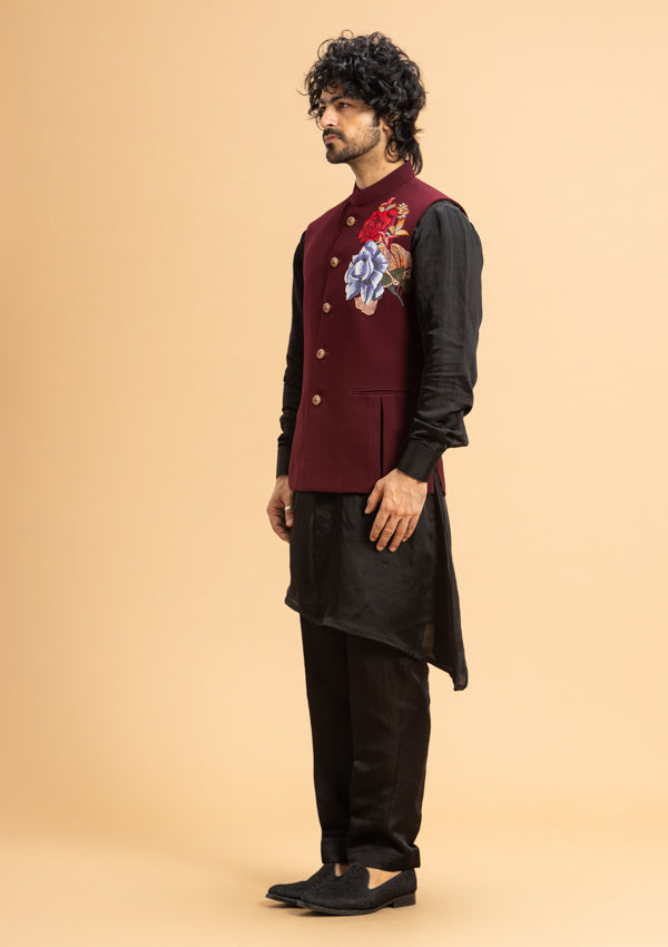 Maroon Satin Kurta Pyjama and Poly Viscose Bandi Jacket with Machine Work