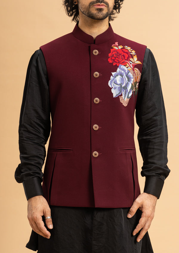 Maroon Satin Kurta Pyjama and Poly Viscose Bandi Jacket with Machine Work