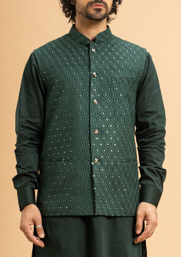 Green Cotton Bandi Jacket With Lucknowi  Work