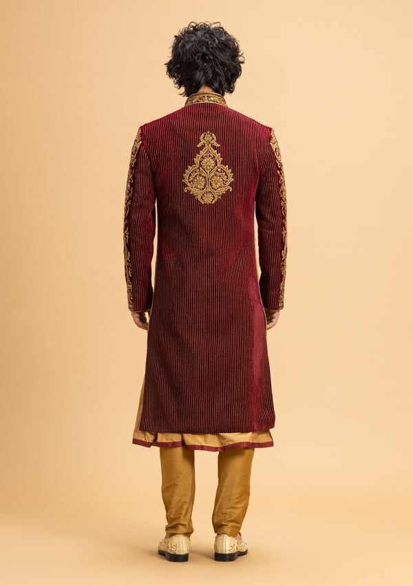 Maroon Velvet Sherwani With Zardozi Work