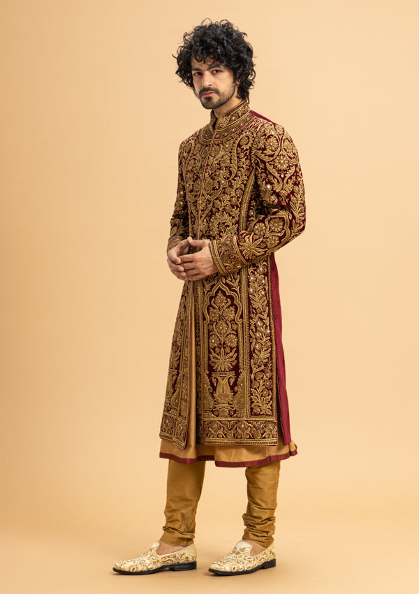 Maroon Velvet Sherwani With Zardozi Work