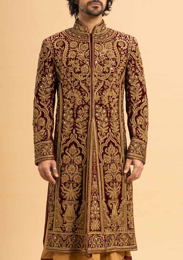 Maroon Velvet Sherwani With Zardozi Work