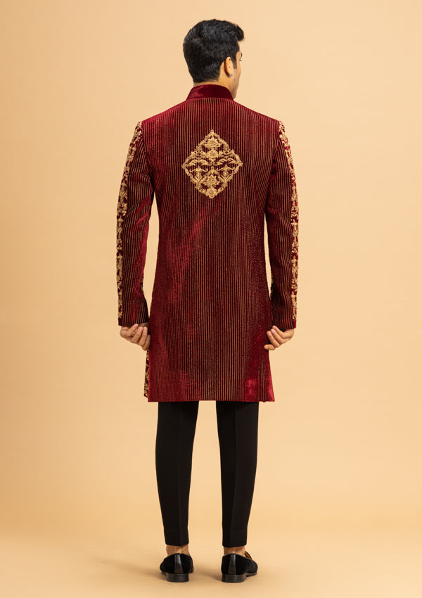 Maroon Velvet Sherwani With Zardozi Work