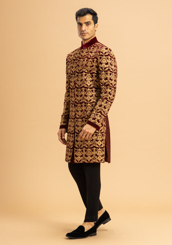 Maroon Velvet Sherwani With Zardozi Work