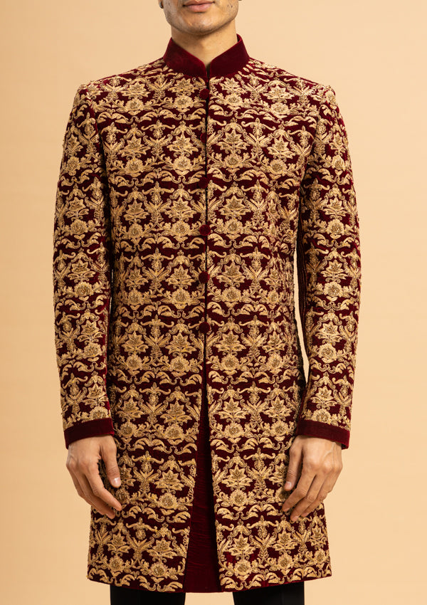 Maroon Velvet Sherwani With Zardozi Work