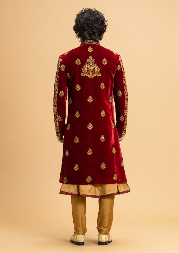 Marooon Velvet Sherwani With Zardozi Work