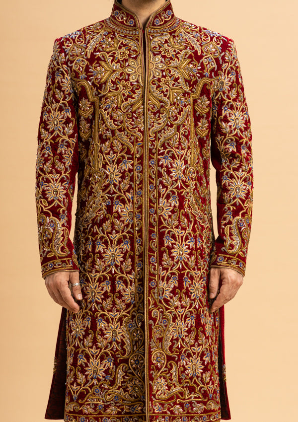 Marooon Velvet Sherwani With Zardozi Work