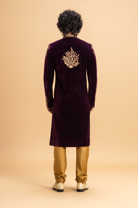 Wine Velvet Sherwani with Kasab work