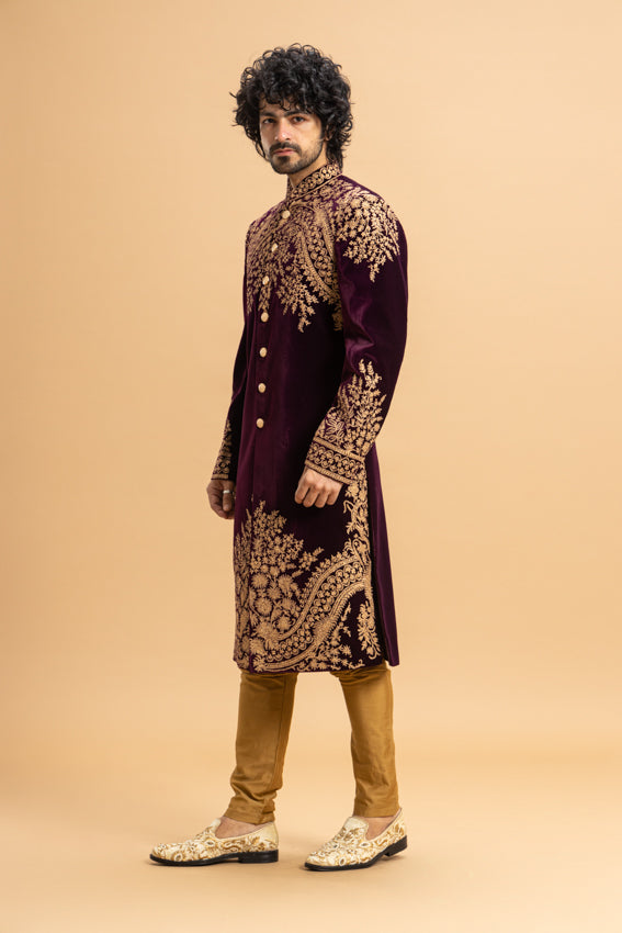 Wine Velvet Sherwani with Kasab work