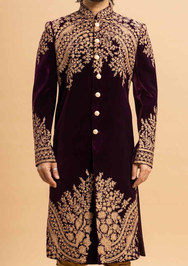 Wine Velvet Sherwani with Kasab work
