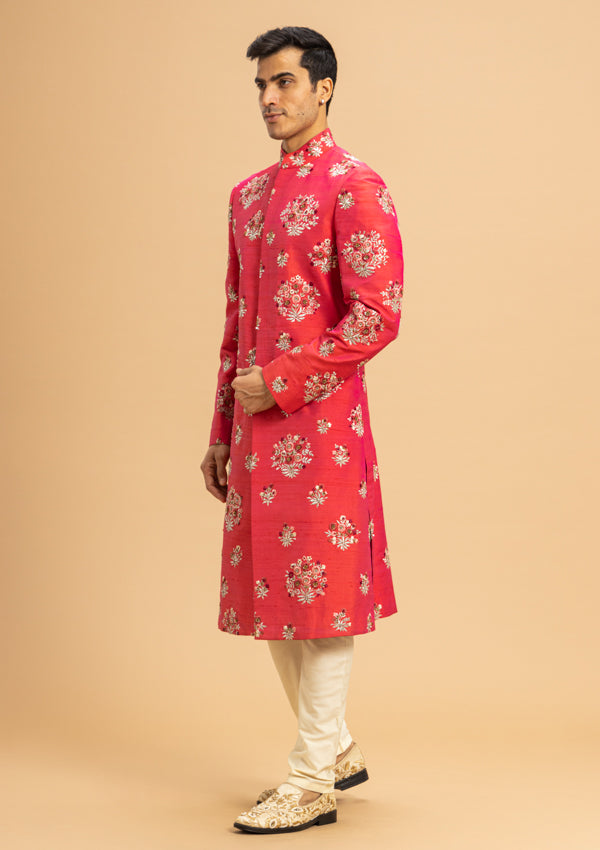 Pink Raw Silk Sherwani With Kasab and Thread Work
