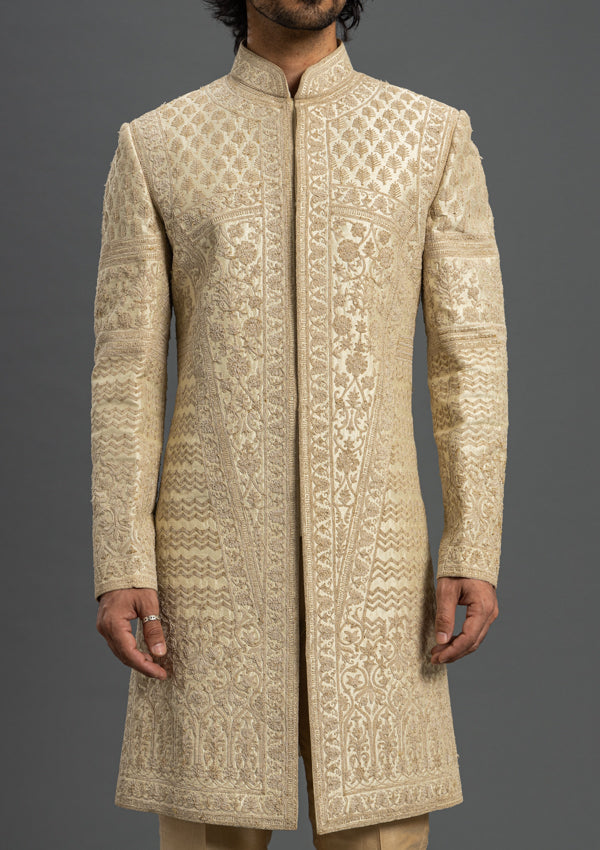 Beige Raw Silk Sherwani with Thread Work