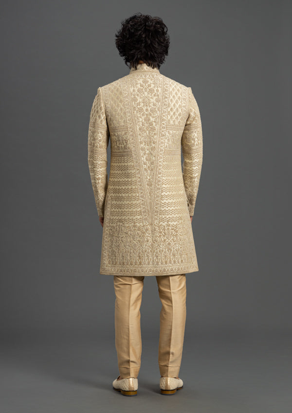 Beige Raw Silk Sherwani with Thread Work