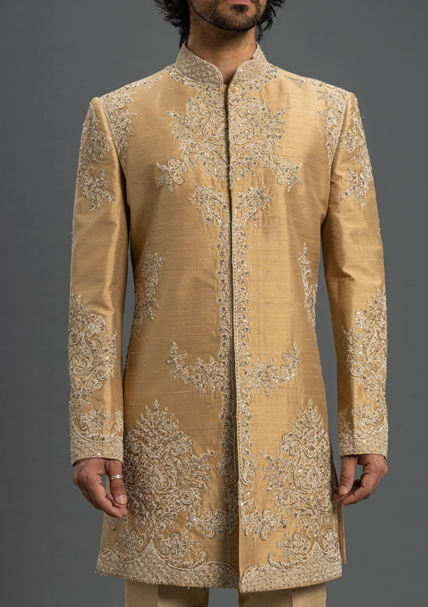Dark Gold Raw Silk Sherwani With Thread work Zardozi & Cut Dana