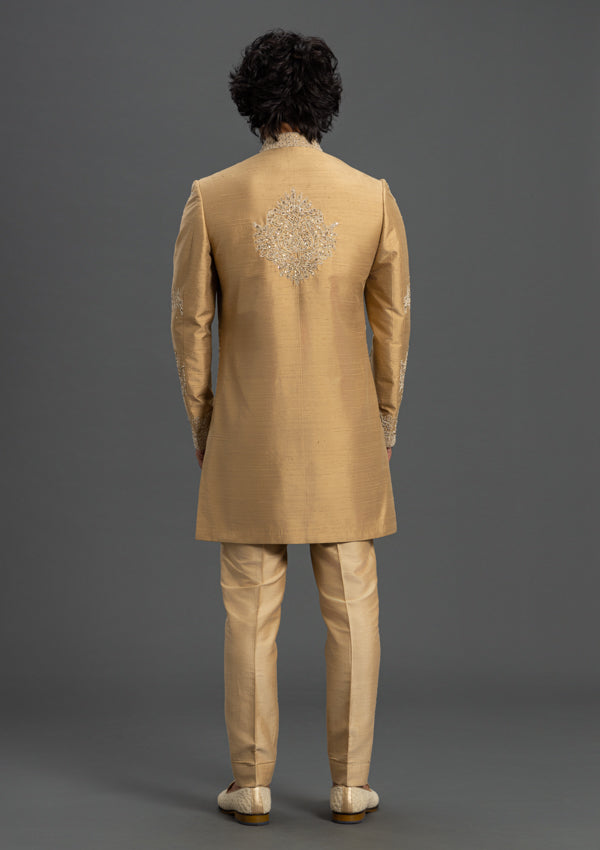 Dark Gold Raw Silk Sherwani With Thread work Zardozi & Cut Dana