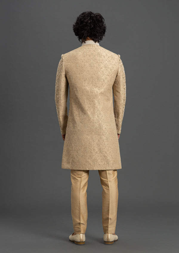 Beige Raw Silk Sherwani with thread & Pearl work