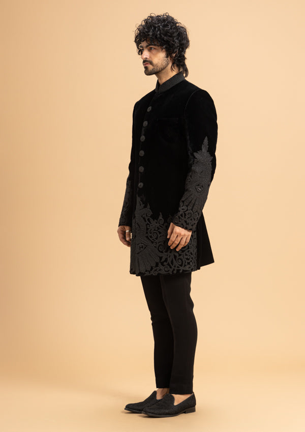 Black Velvet Indo Western Sherwani with Aplic Work
