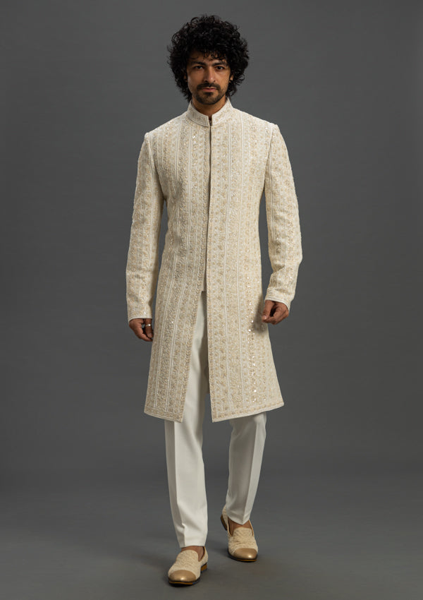White Silk Sherwani With Cut Dana & Thread Work