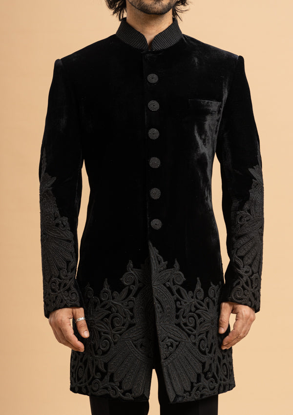 Black Velvet Indo Western Sherwani with Aplic Work