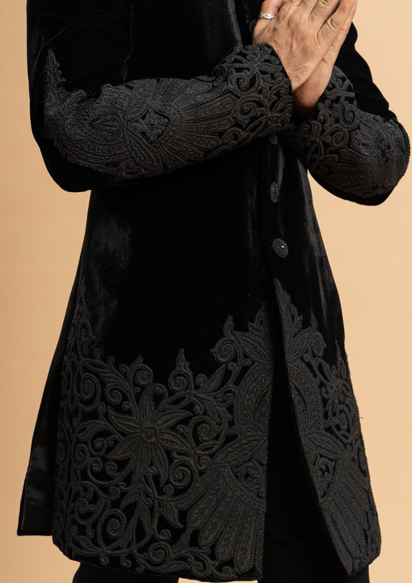 Black Velvet Indo Western Sherwani with Aplic Work
