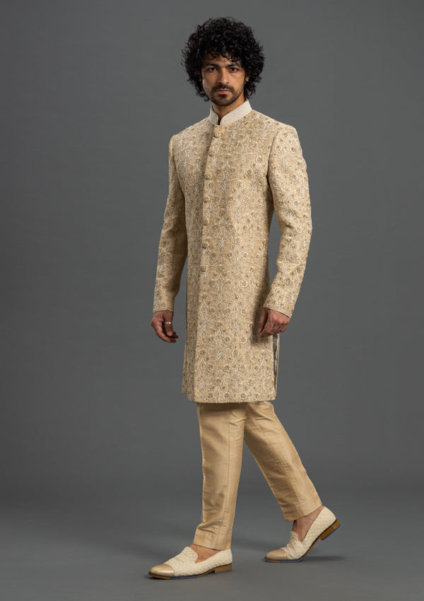 Beige Raw Silk Sherwani with thread & Pearl work