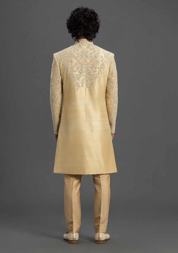 Off White Raw Silk Sherwani With Zardozi, thread & pearl Work