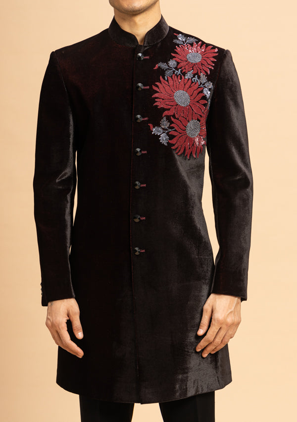 Wine Velvet Indo Western With Sequence Work