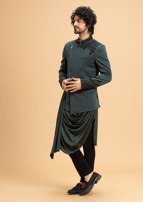 Green Satin Bandhgala and cowl kurta with Moti Work