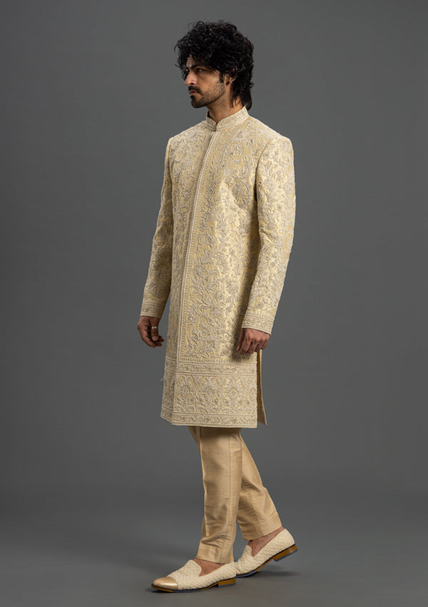 Off White Raw Silk Sherwani With Zardozi, thread & pearl Work