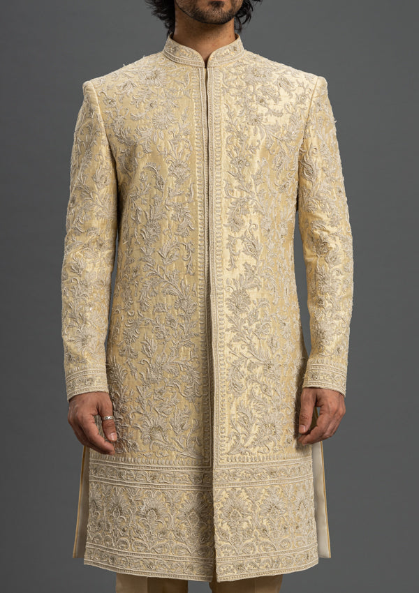 Off White Raw Silk Sherwani With Zardozi, thread & pearl Work