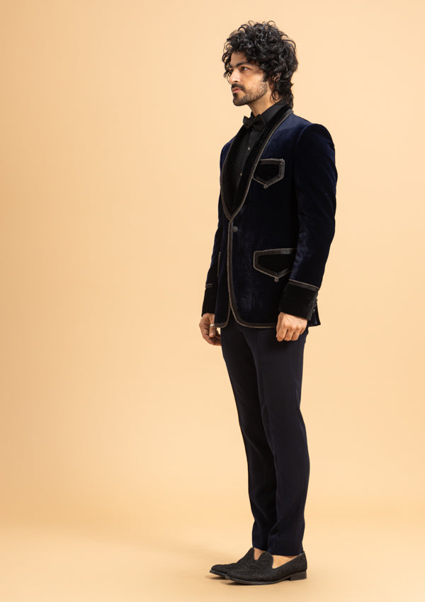 Blue Velvet Suit with Pleated work
