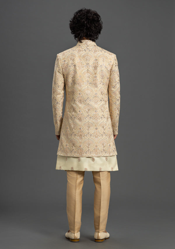 Cream Brocade and Satin Finish Indowestern with Booti Work