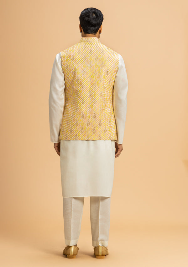 White & Yellow Italian Bandi Jacket with Stitch Work