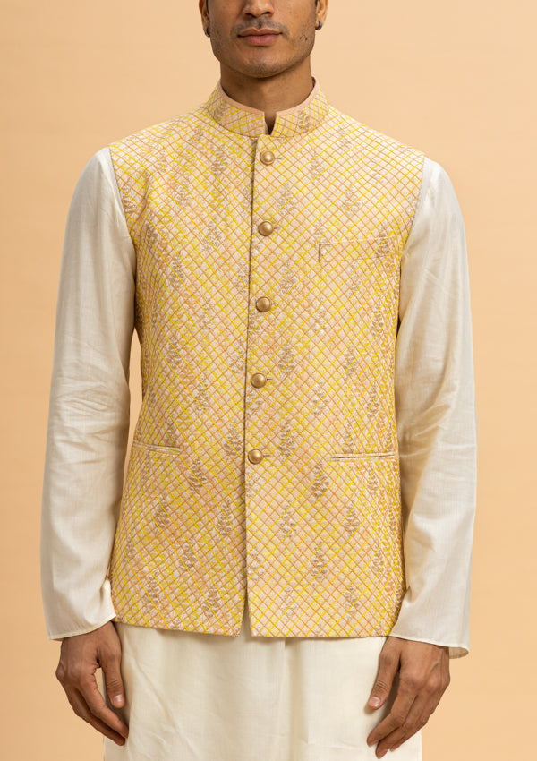 White & Yellow Italian Bandi Jacket with Stitch Work