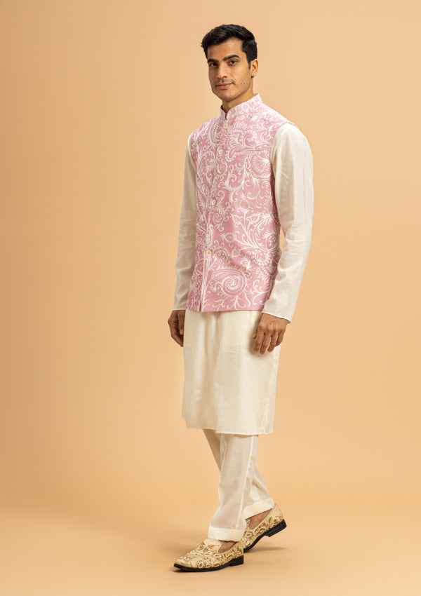 White & Pink Raw Silk Bandi Jacket with Koti Machine work