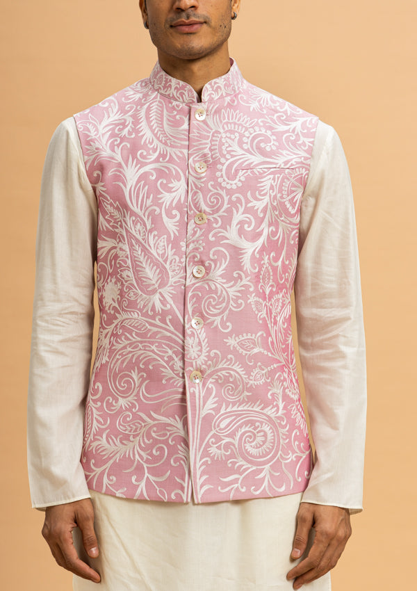 White & Pink Raw Silk Bandi Jacket with Koti Machine work