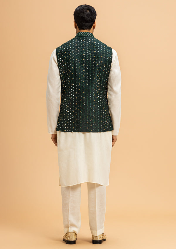 White & Green Silk Bandi Jacket with mirror work