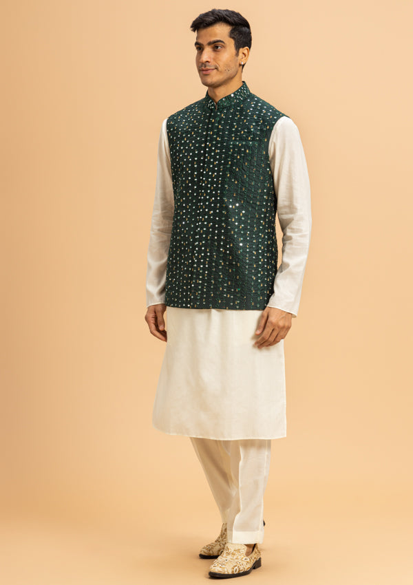 White & Green Silk Bandi Jacket with mirror work