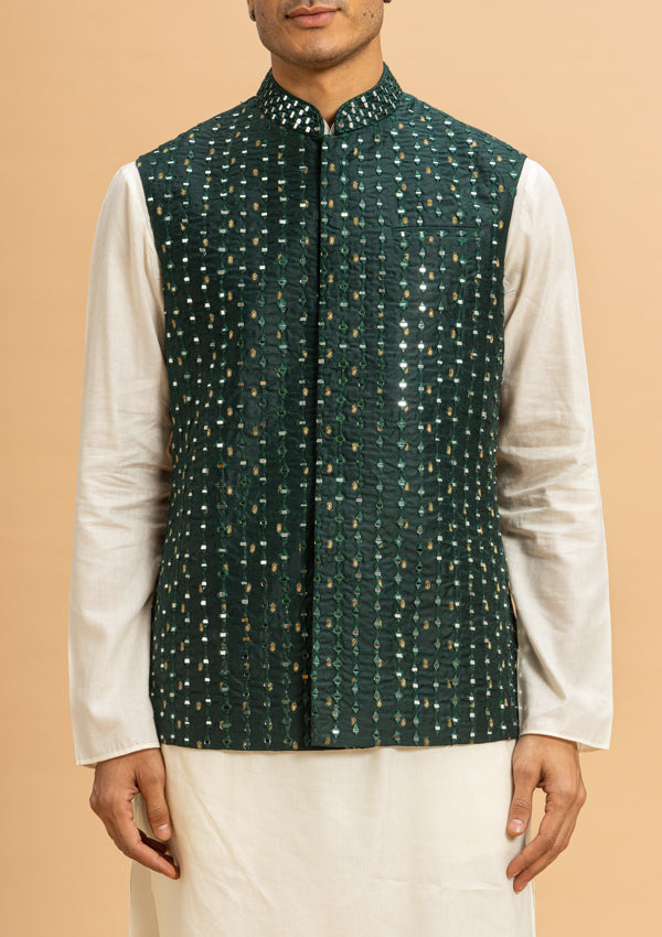 White & Green Silk Bandi Jacket with mirror work